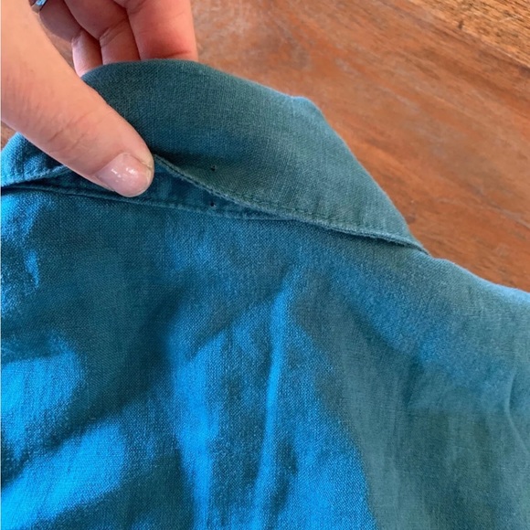 Athleta Women’s 100% Linen Wrap Top Tie Collar Blue Cropped Medium Classic - Picture 6 of 11